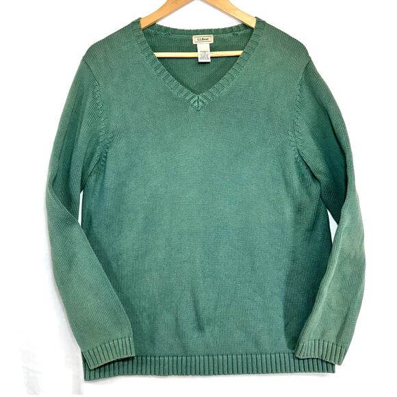 VTG L.L. Bean Green Large Cotton V-Neck Cable Knit Slouchy Retro Winter Fall - Picture 1 of 12